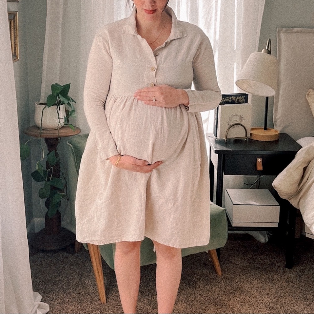 Roolee long sleeve midi tan linen dress size S needs hole repair